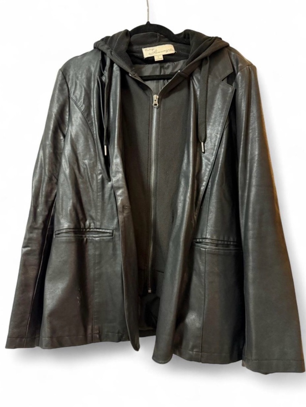 Vintage Havana Black Leather Hooded Blazer Jacket